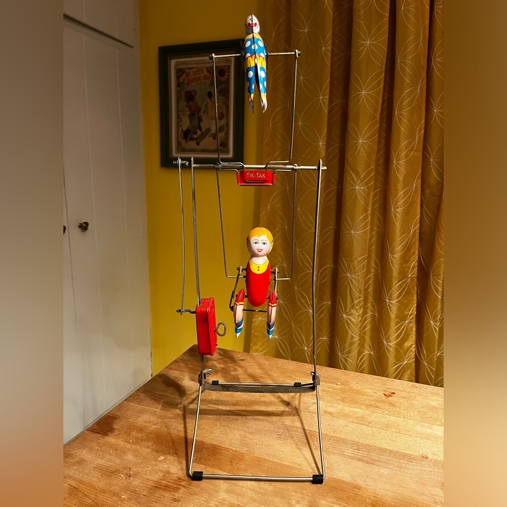 Antique 1930s TIK-TAK Circus Metal Tin Acrobat Boy Swinging Clown Wind-Up Toy